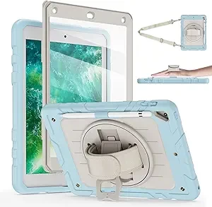Case for iPad 6th/5th Generation Case 9.7'' with Screen Protector Pencil Holder [360 Rotating Hand Strap] &Stand, Drop-Proof Case for iPad 6th/5th/ Air 2/ Pro 9.7 (Blue&Beige)