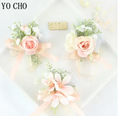 Wedding Groom Boutonniere Bride Bridesmaid Women Hand Wrist Flower Silk Rose Boutonniere Buttonhole for Marriage Party Flower