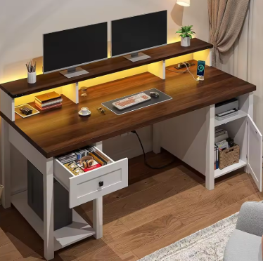 55" Computer Desk with Drawers Farmhouse Desk with Long Monitor Stand Reversible Wood Desk with Power Outlets Large Home Office
