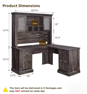 60" L Shaped Executive Desk with Hutch and Drawers, Farmhouse Home Office Desk with Charging Station, File Cabinet Storage, Wood