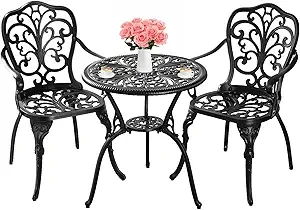 Bistro Set 3 Piece Outdoor, Bistro Table and Chairs Set of 2, All Weather Patio Bistro Set with Umbrella Hole, Patio Set for Garden, Black
