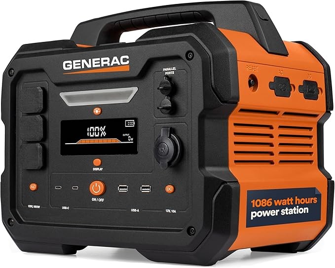 Generac 8025 GB1000 1086Wh Portable Power Station with Lithium-Ion Battery - Clean, Emission-Free Power - Wirless Charging Pad and Compact Design - Camping, RV, Indoor/Outdoor Use - Orange/Black