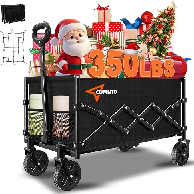 Collapsible Folding Wagon, 350lb Weight Capacity Collapsible Wagon with All-Terrain Wheels, Cup Holders and Adjustable Handle Utility Wagon, for Grocery Camping Garden Sports Shopping, Black