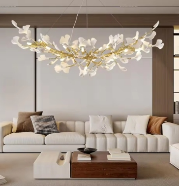 Modern Chandelier Gold Tree Branch Chandelier for Dining Room,55" Rectangle Ceramic Ginkgo Leaf Chandelier Over Table